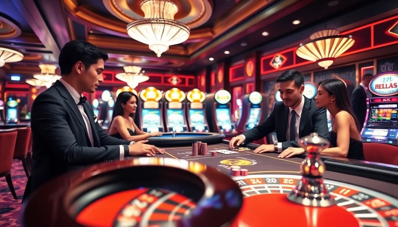 Players enjoy a lively game at the 22jl club casino table with roulette and poker chips.