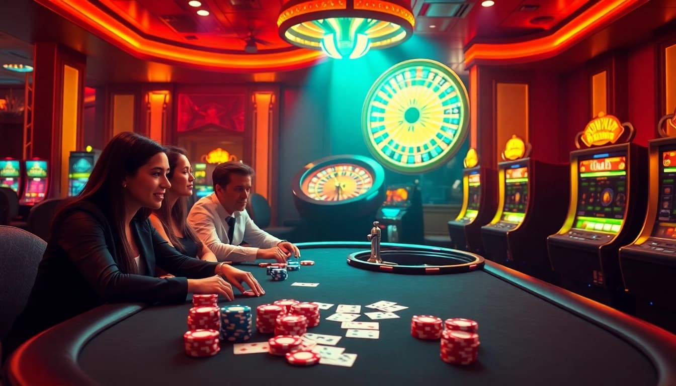 Exciting gambling scene with players at a sunwin poker table, colorful chips and roulette.