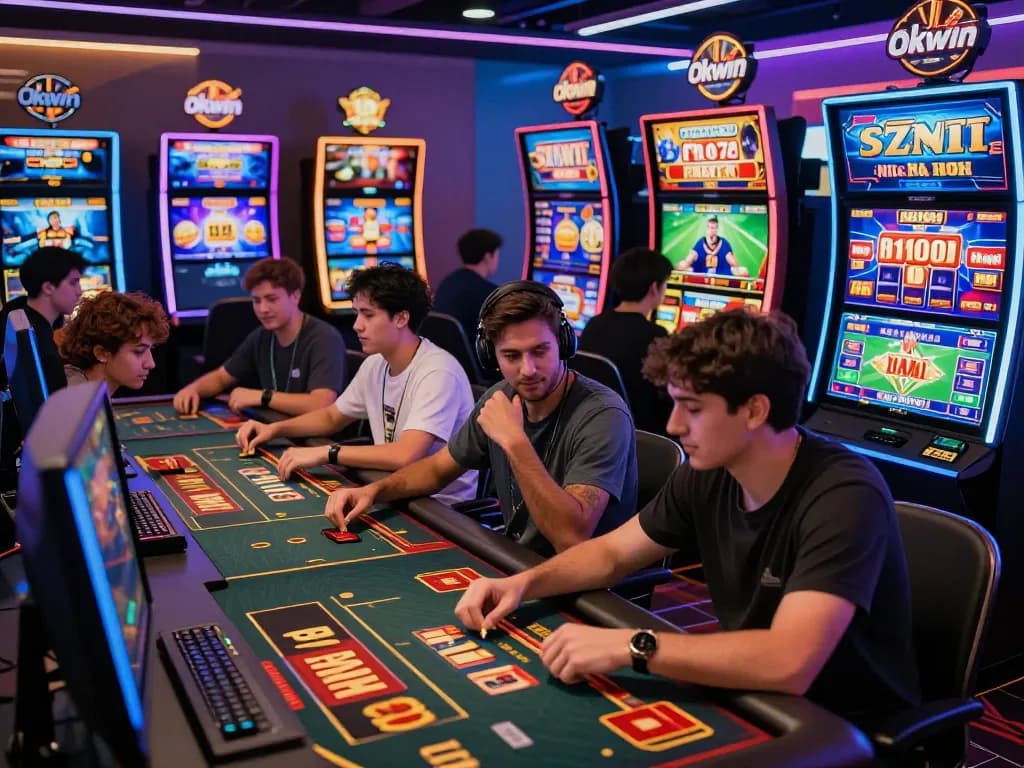 Engaged players enjoying diverse betting experiences on Okwin, showcasing live games and vibrant promotions in a lively atmosphere.