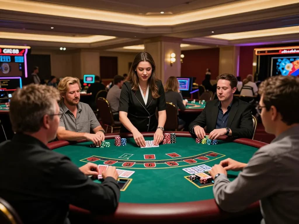 Players enjoying a thrilling blackjack game at GK88 casino with professional dealer and vibrant atmosphere.