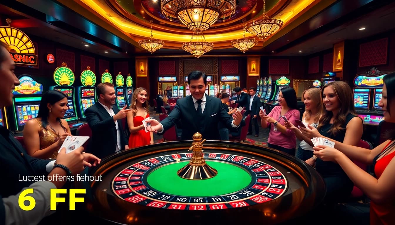 Experience the excitement at 6FF casino with players engaging at roulette and slot machines.