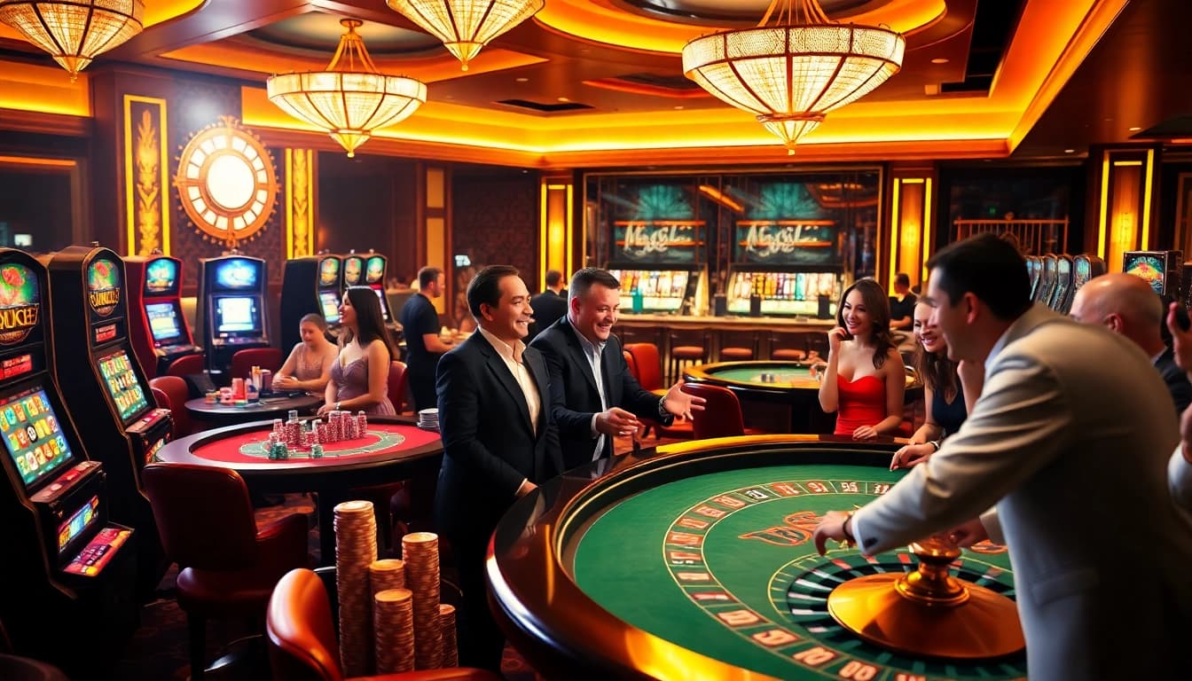 Thrilling casino environment with KJC website elements featuring poker chips, roulette, and immersive gaming experience.