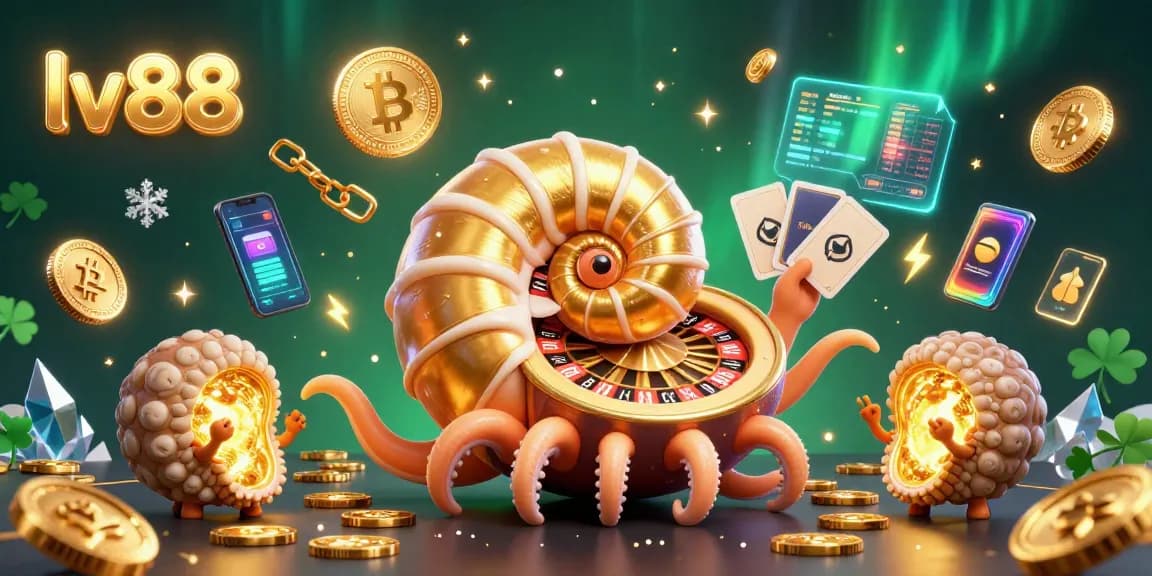 Engage with the vibrant lv88 casino scene featuring a giant nautilus roulette and glowing cryptocurrencies.