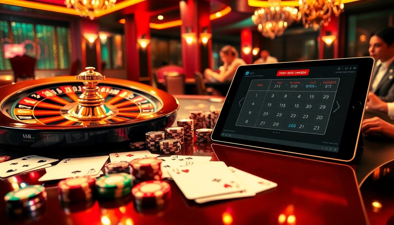 Experience the excitement of online gambling at https://1mm888.com/ with a luxurious casino scene featuring poker chips and a roulette wheel.