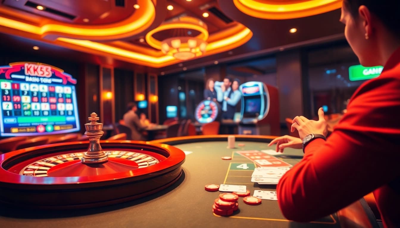 Engage in lively online gaming at KK55, showcasing roulette, poker chips, and vibrant casino elements.