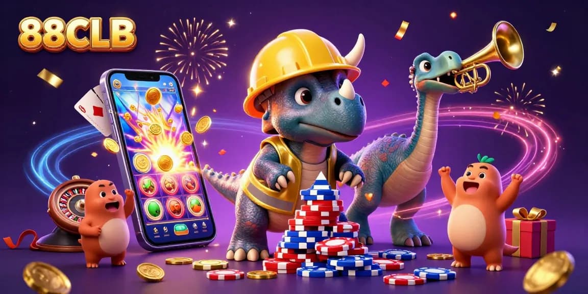 Celebrate wins at 88CLB with triceratops building poker chips amidst festive gaming elements.