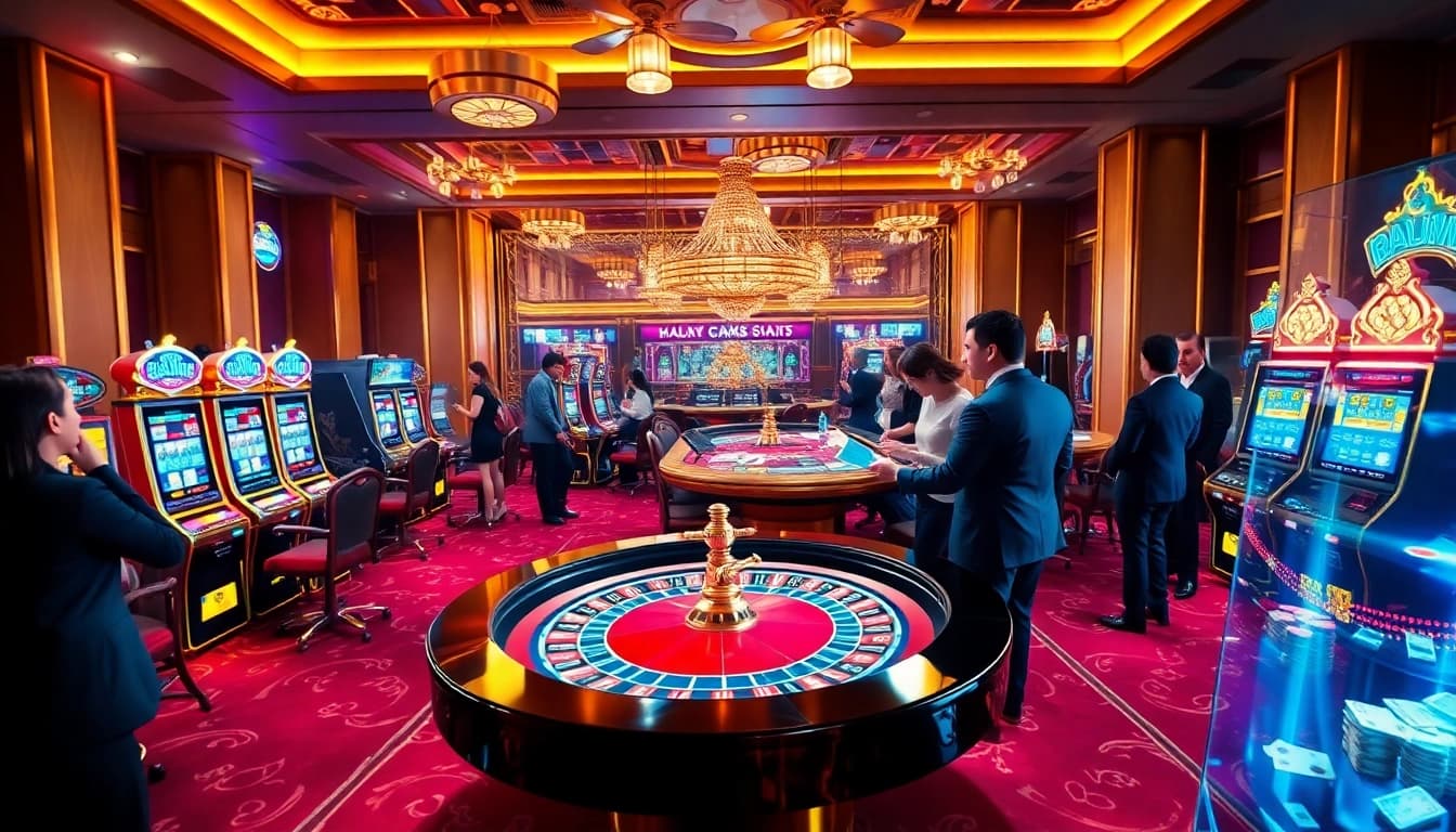 A dynamic casino scene highlighting players at a roulette table and colorful slot machines, showcasing the excitement of https://mtr888.com/.