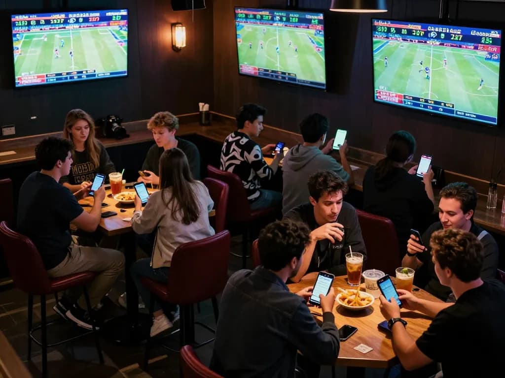 Engaged sports fans placing bets on rikvip app while watching live games in vibrant bar setting.
