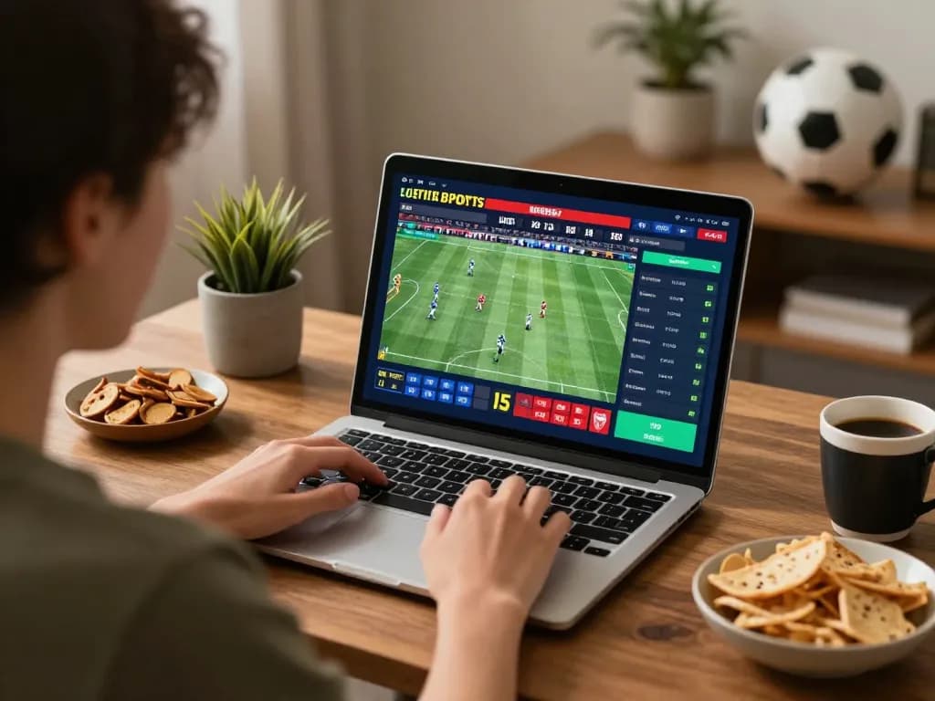 Engaging in live sports betting at https://vin88us.com/ with a laptop showing real-time odds and events.