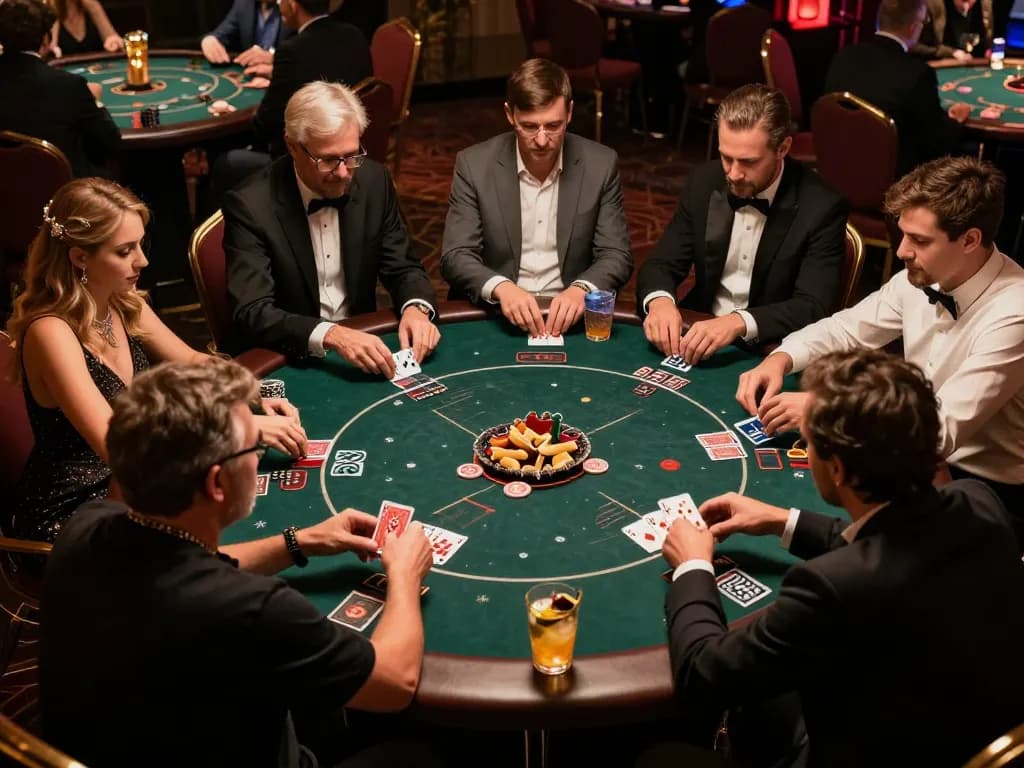 ONE88 poker tournament scene showing players engaged in strategy amidst casino decor.
