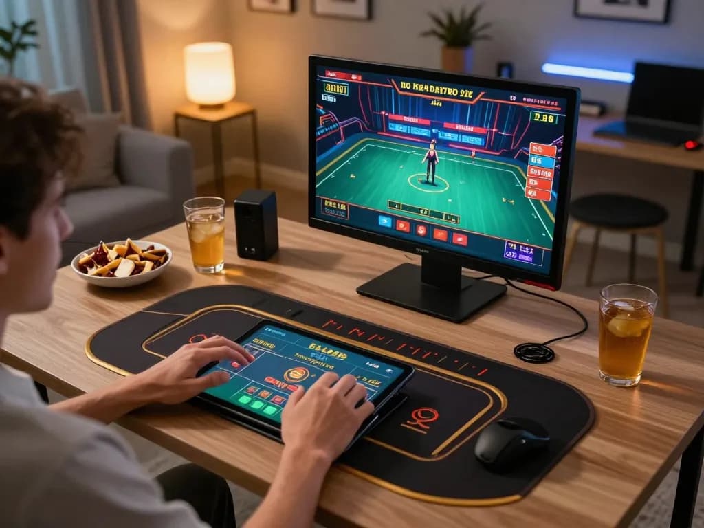 Engaging player betting on https://99win.actor/ live casino game in a cozy home setup.