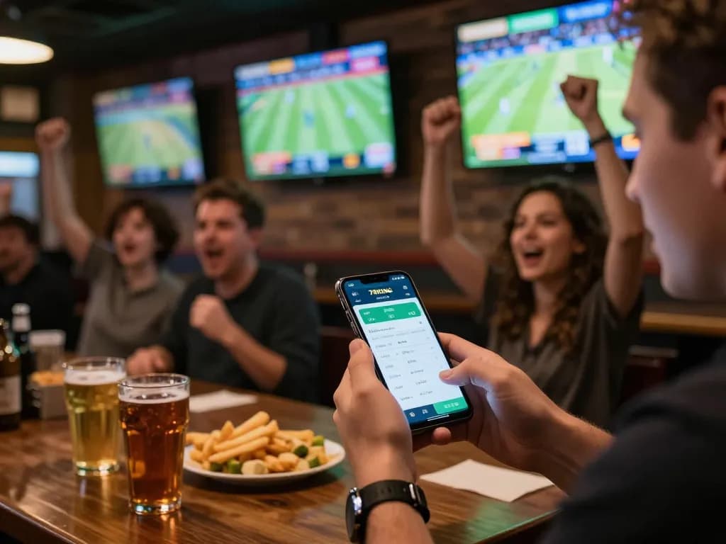 Excited fans placing bets on the 79KING app while watching live sports in a vibrant bar.