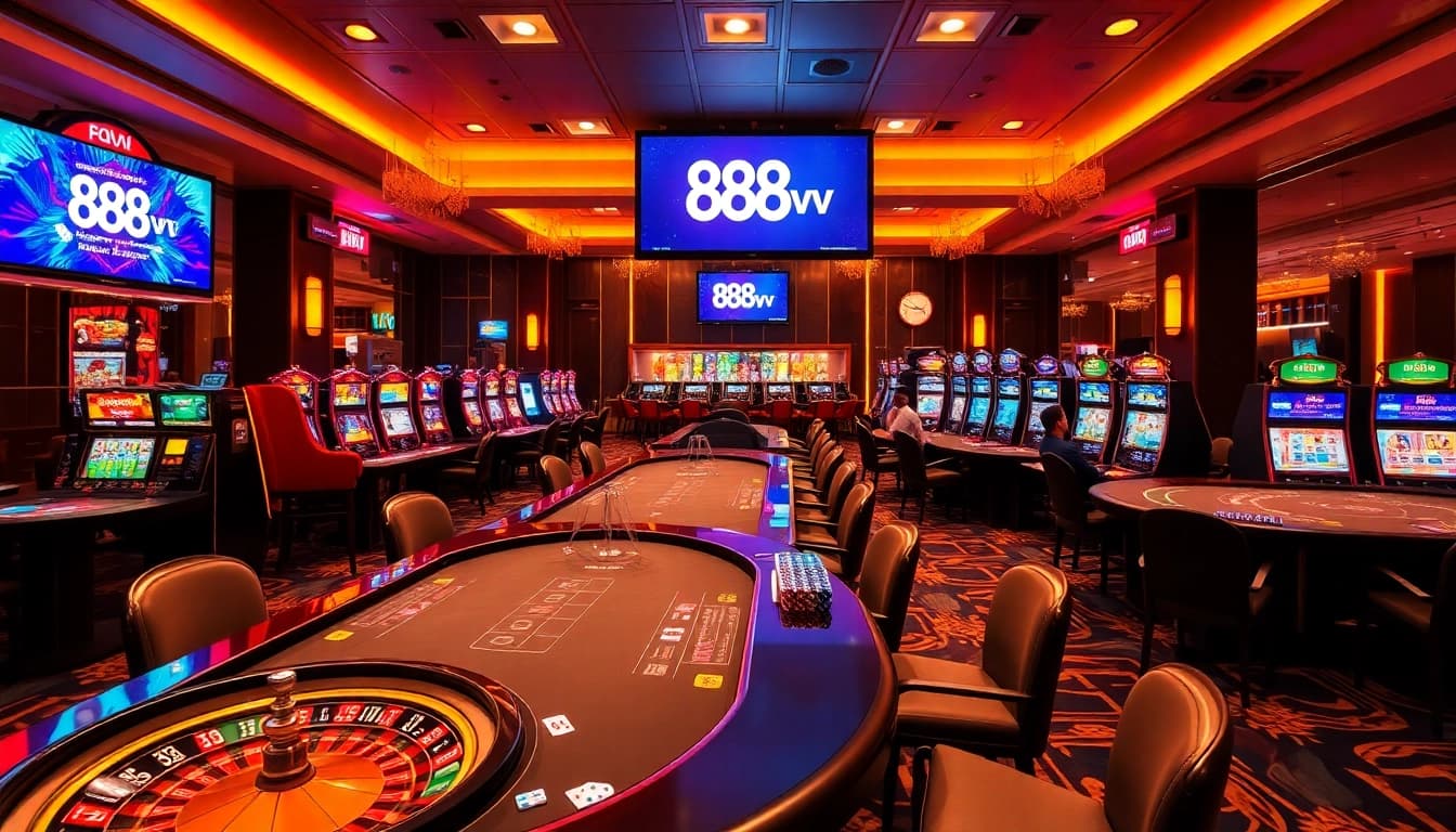 Players enjoying a luxurious gaming experience at 88vn casino tables surrounded by vibrant slot machines.