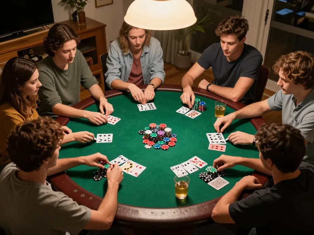 Friends engaging in a lively poker game at home, showcasing the hit club atmosphere of social gambling