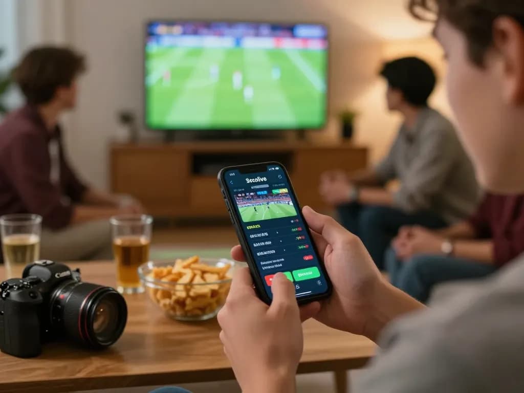 Socolive sports betting experience, user engaged on smartphone with live betting odds and match highlights.