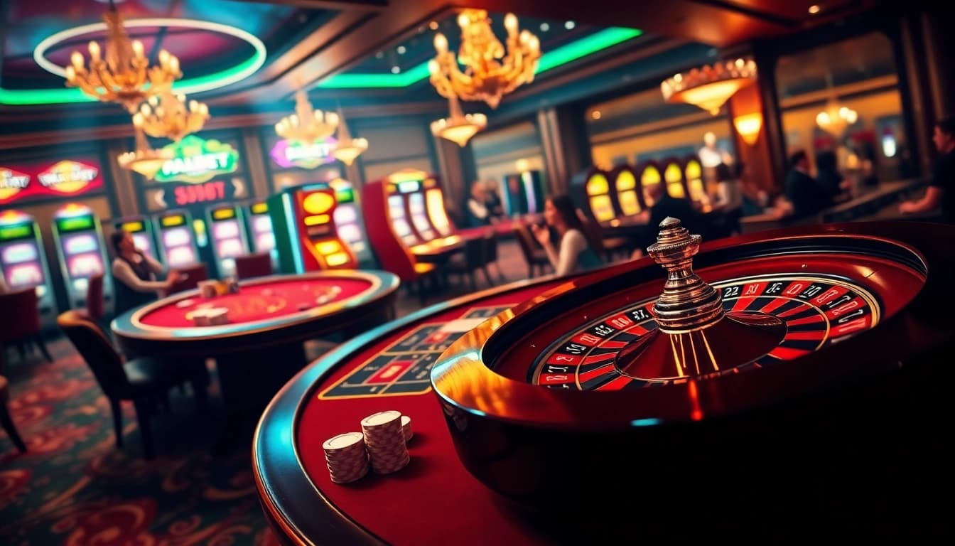 Win big with 8kbet at a luxurious casino featuring vibrant tables and exciting games.