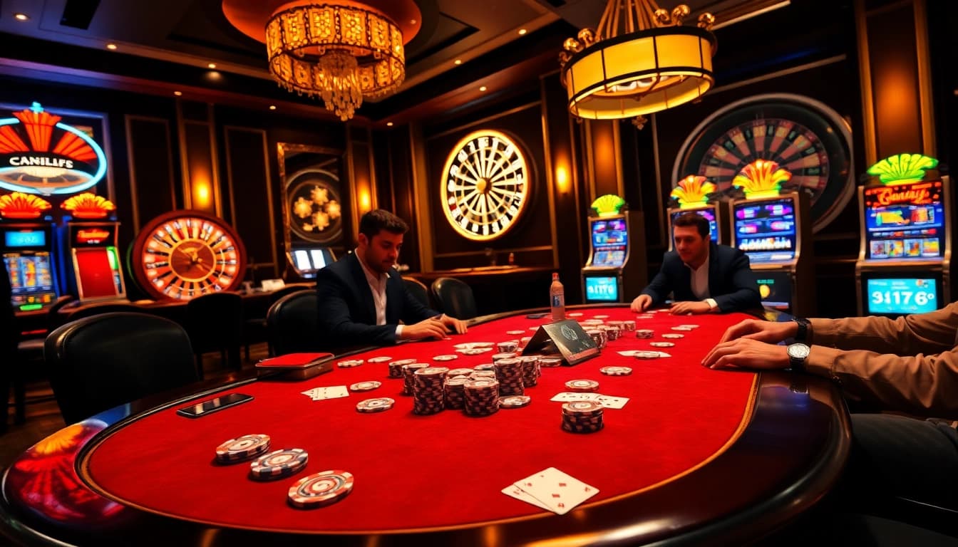 Exciting poker game scene at https://123win.to/ with players, chips, and roulette wheel.