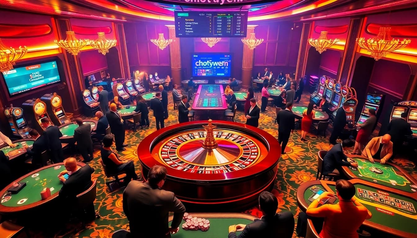 Experience the thrill of gambling at a luxurious casino featuring 'chotruyen' and exciting gaming tables with players.