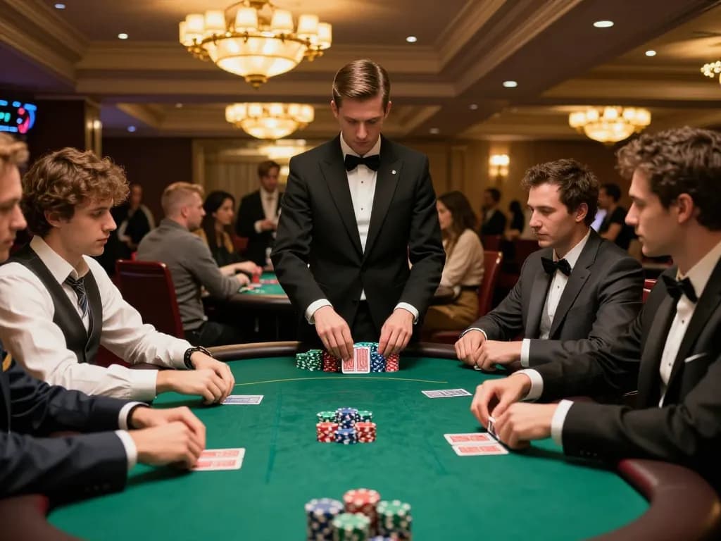 Players engaged in an intense poker game at luck8l casino, showcasing strategy and excitement in a vibrant environment