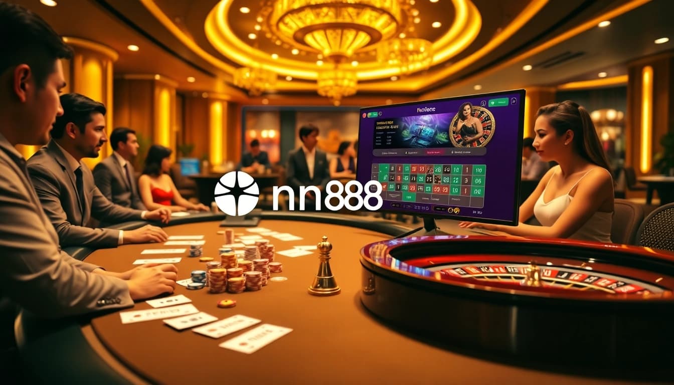 Gamblers enjoying a vibrant nn88 casino atmosphere with poker chips and roulette.