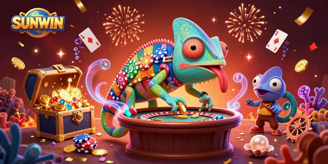 SUNWIN casino owner chameleon delights players with gold coins in vibrant 3D illustration