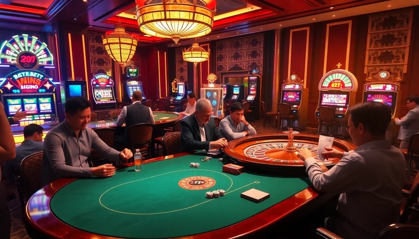 Experience the excitement of 28BET with gamblers at a luxurious poker table in a vibrant casino.