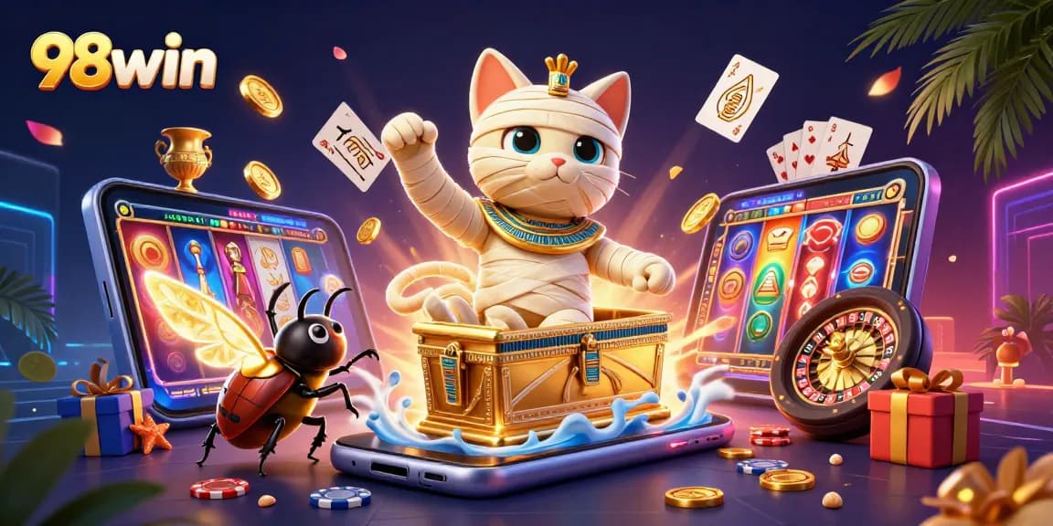 Win big with 98win in an exciting animated pyramid casino scene featuring a mummy cat and golden elements.
