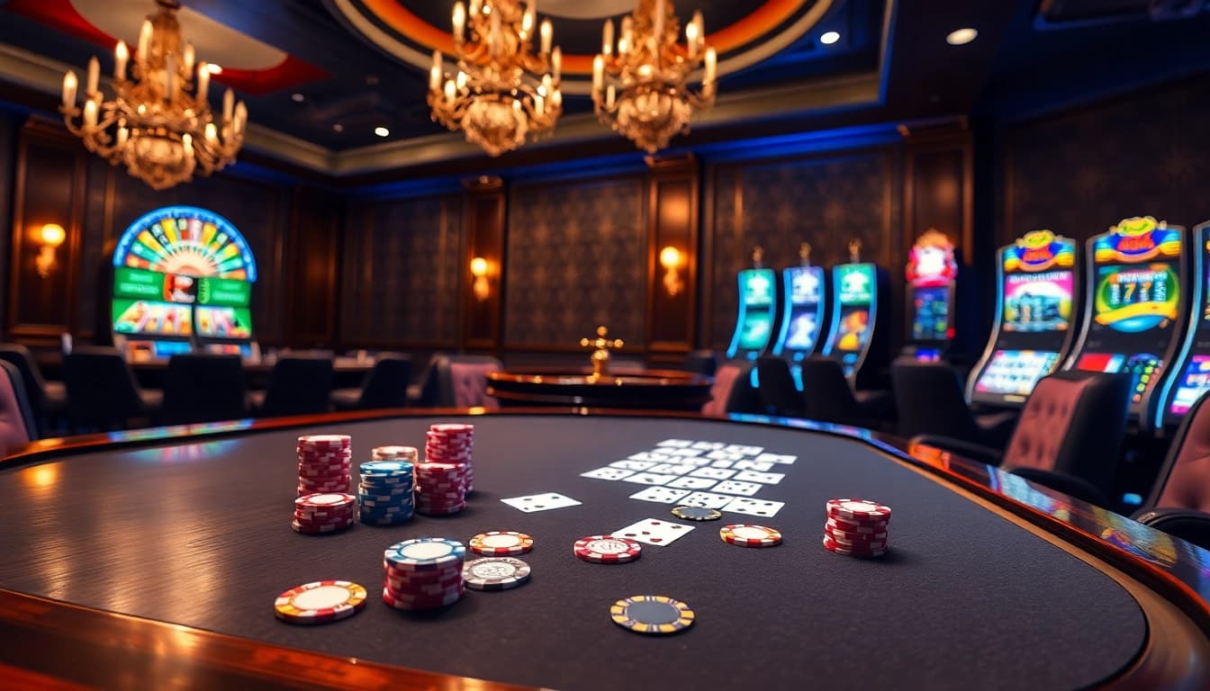 Experience exciting gameplay at https://188v.bz/ with vibrant casino visuals featuring poker tables and slot machines.