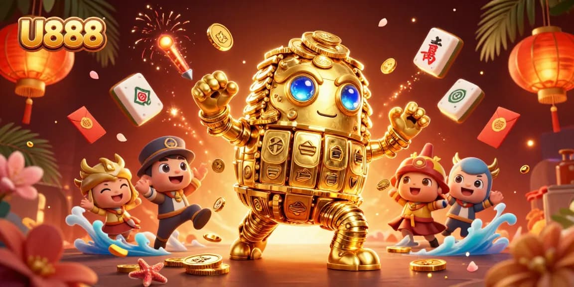 Engage with U888: A vibrant 3D illustration showcasing a golden golem surrounded by dynamic casino elements.