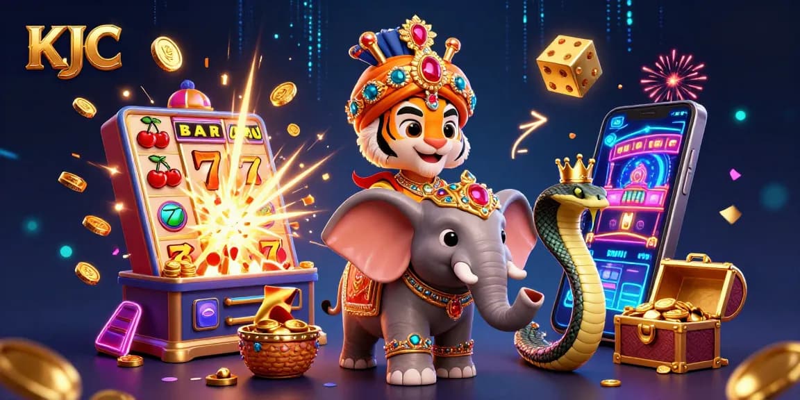 KJC presents a vibrant 3D illustration featuring a maharaja and an elephant in a dynamic casino environment.