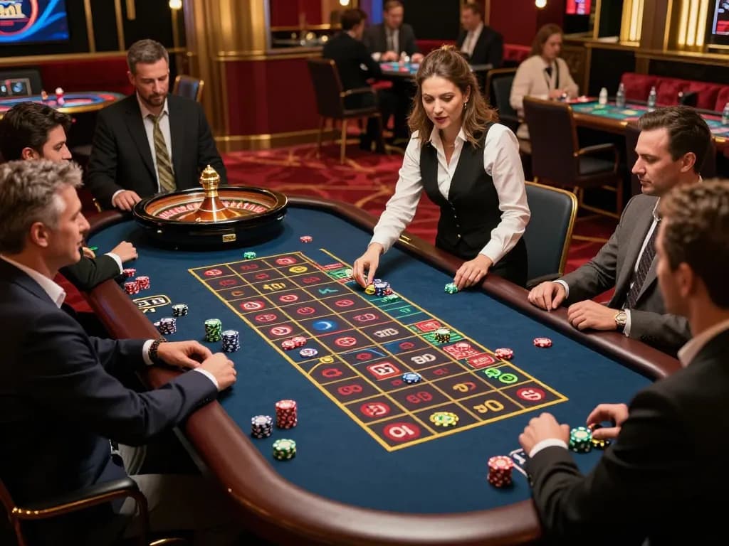 Players enjoying a thrilling roulette game at BL555 casino, experiencing the excitement of high-stakes betting.