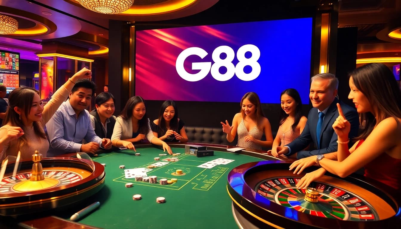 Players celebrating wins at gg88 online casino, showcasing vibrant poker and roulette games.