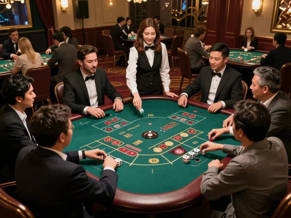 Tài Xỉu game in progress with enthusiastic players at an upscale casino table.