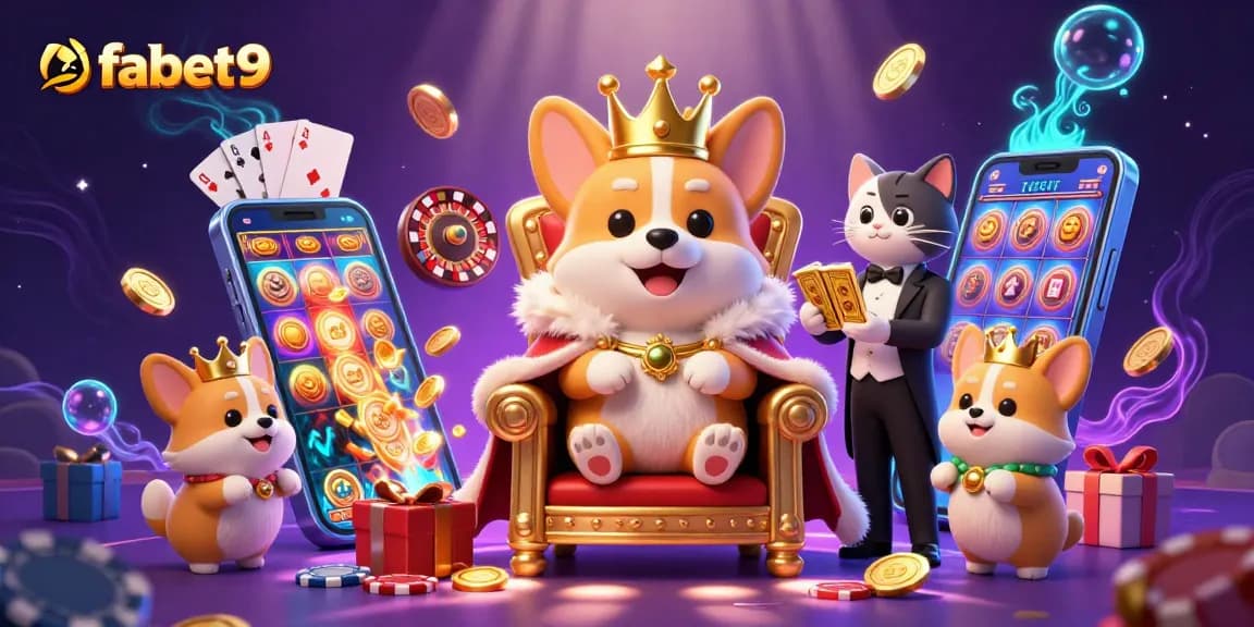 Engage with fabet9’s dynamic gaming experience featuring a royal corgi on poker chips.