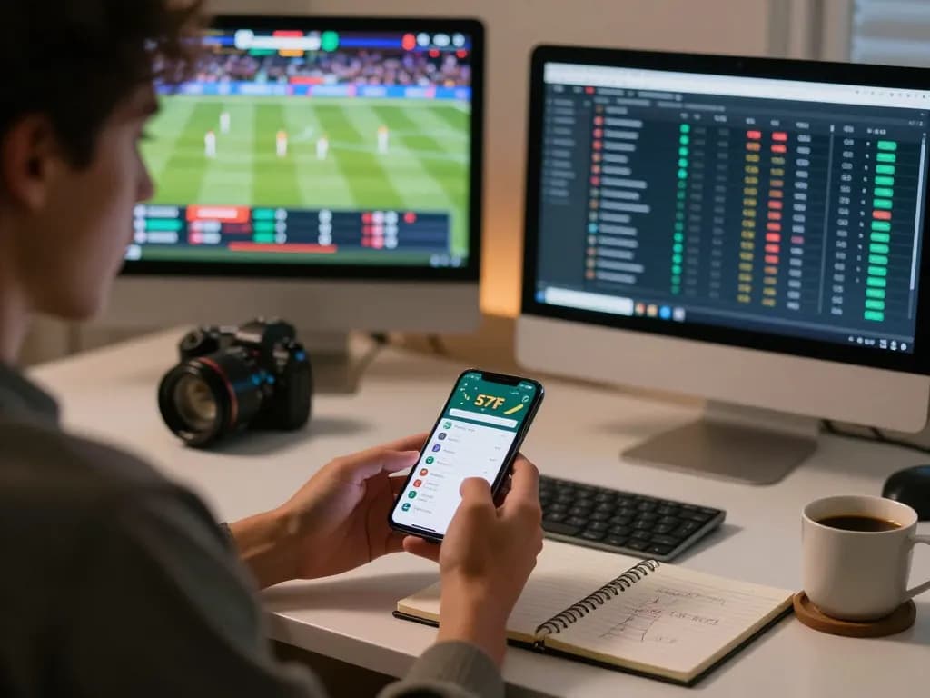 Engaging scene of a user interacting with the 577F betting app on their smartphone in a cozy home office.