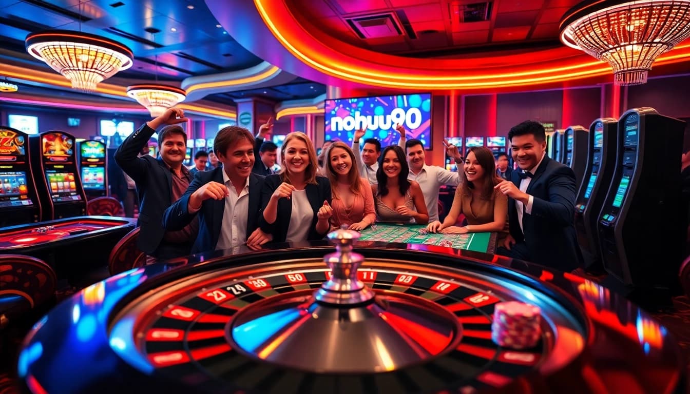 Players enjoying the thrill of gaming at nohu90, featuring poker chips and slot machines.