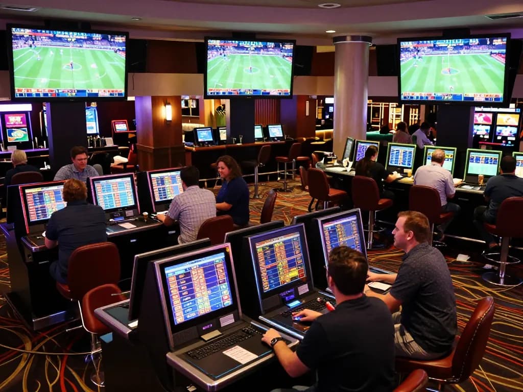 Engaged bettors analyzing odds while placing wagers at the C168 sports betting area in a lively casino