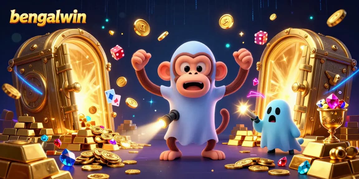 Bengalwin casino scene with a playful monkey juggling gold while a ghost-hunter puppy tracks it.