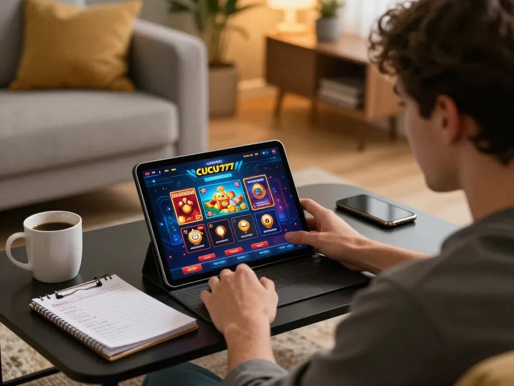 Engaging online gaming moment at CUCU777 with player using a tablet for casino games