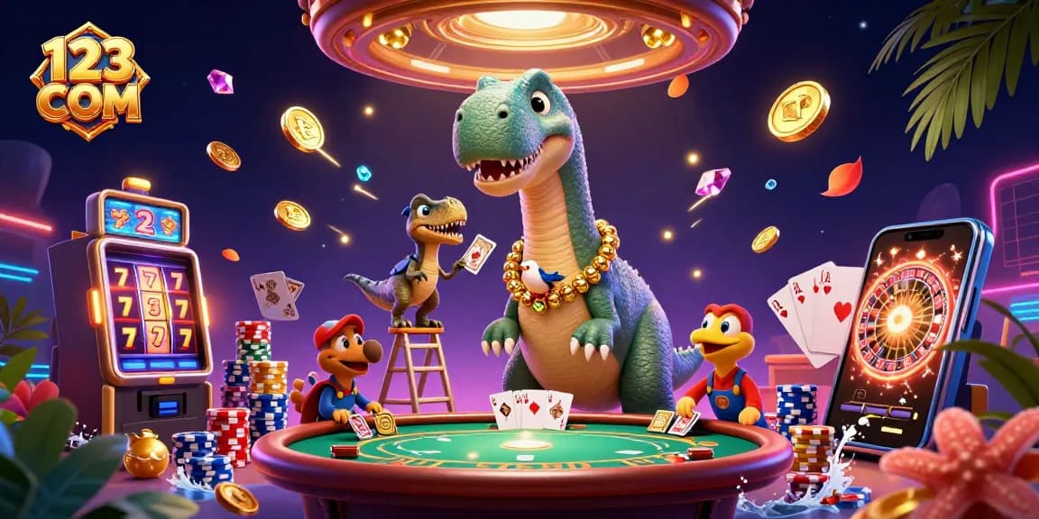 Engage with 123 COM's thrilling casino atmosphere featuring a colossal brontosaurus and vibrant gaming elements.