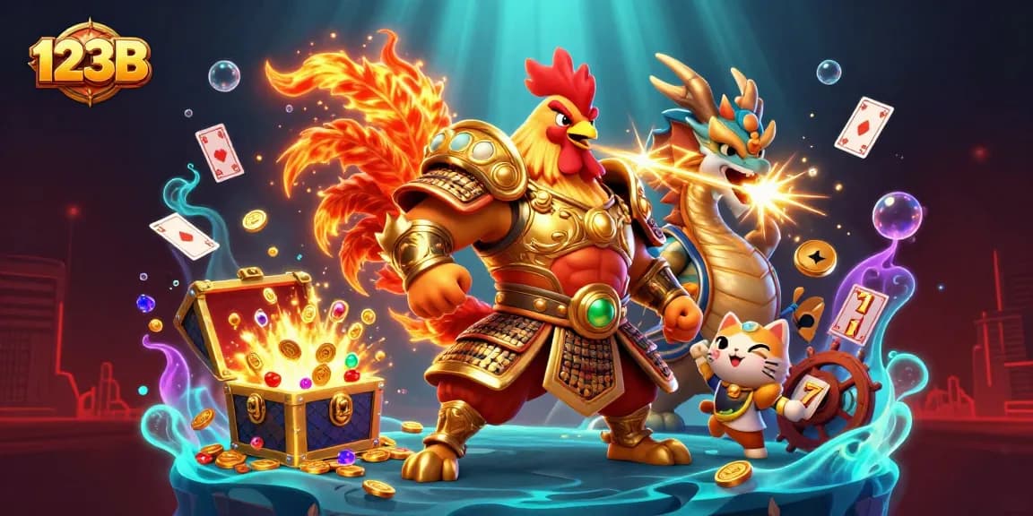 Experience thrilling casino excitement with 123B as the samurai rooster warrior stands amidst dynamic slot elements and treasures.