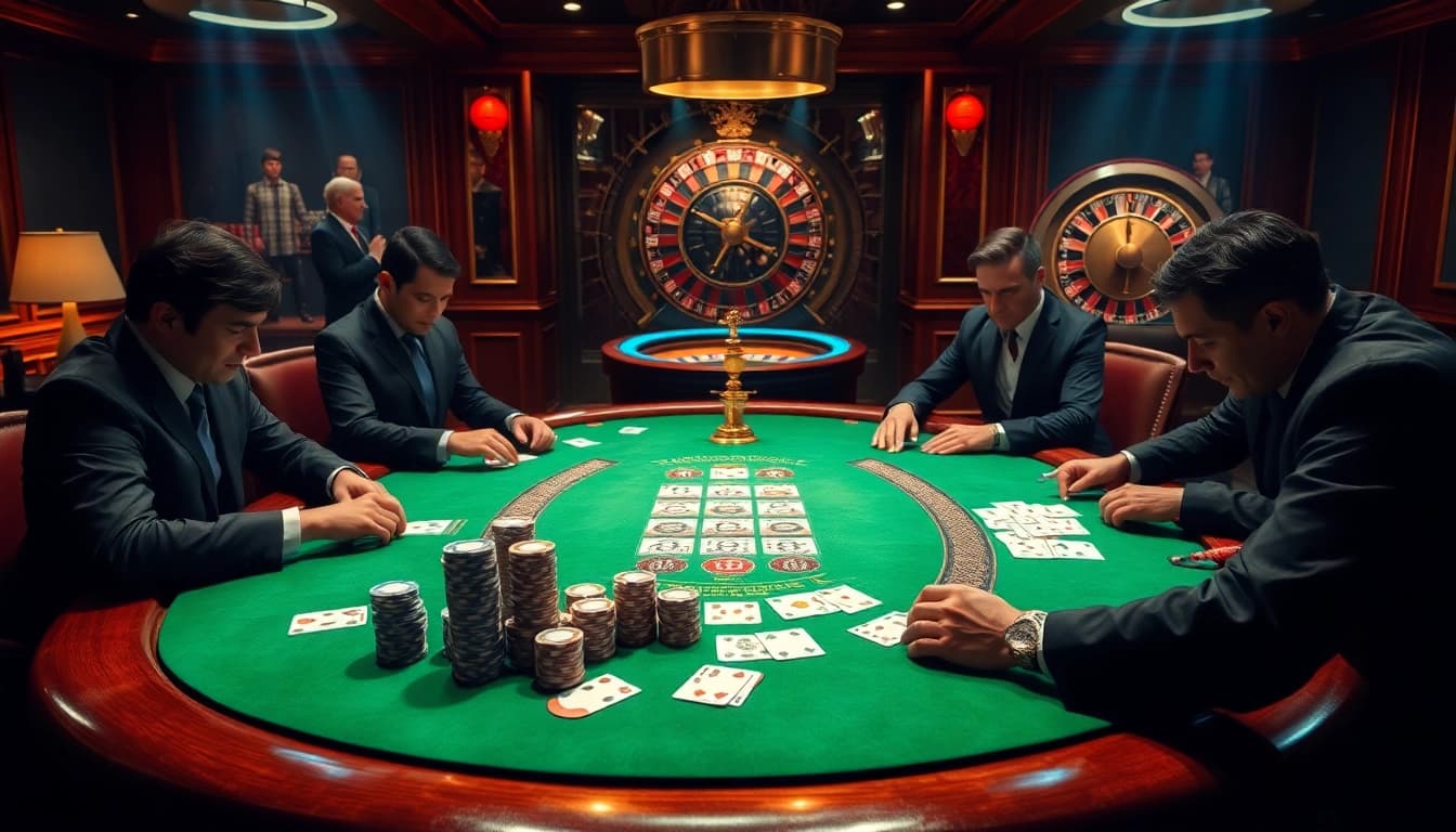 Luckywin casino scene with intense poker action, showcasing luxury and excitement.