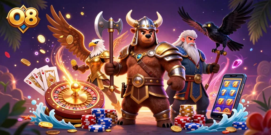 Experience the excitement of O8 slots with golden coins, vibrant characters, and dynamic casino elements.