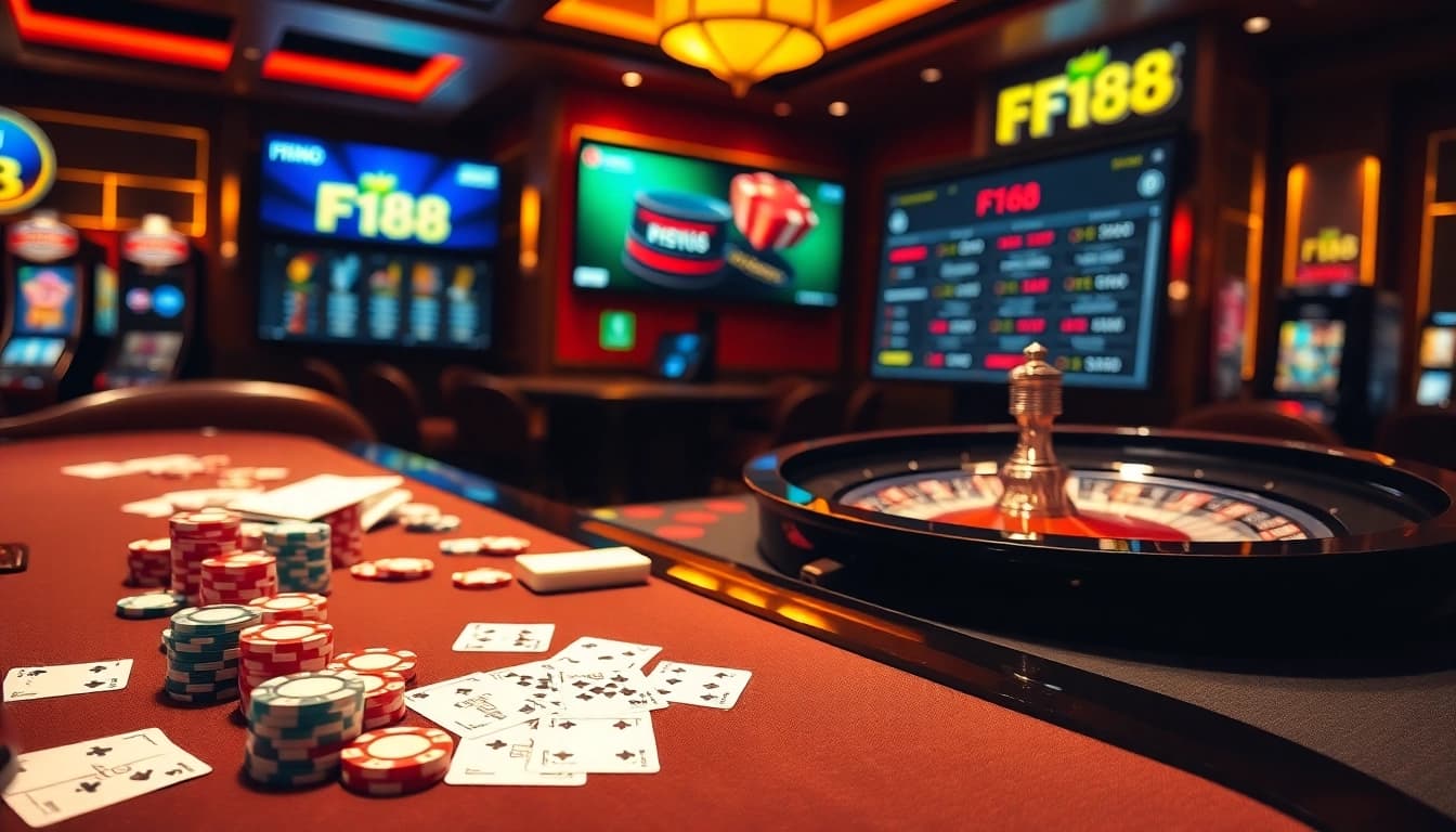 Experience the excitement of F168 casino games featuring poker chips and roulette tables.