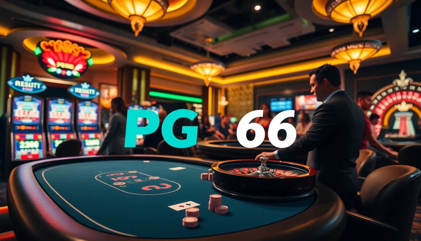 Engage in thrilling gameplay at PG66 casino with a vibrant poker table and lively slot machines.
