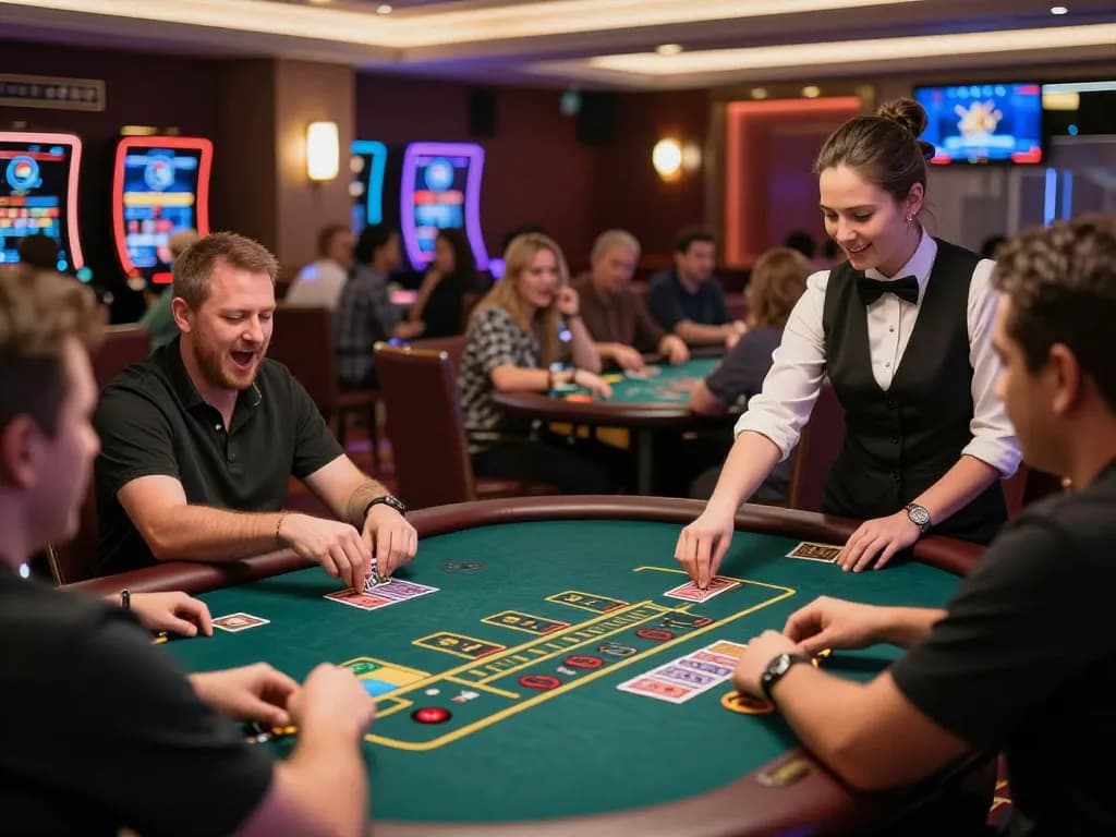 Players engaging in blackjack at O8 live dealer table, showcasing excitement and strategic gameplay.
