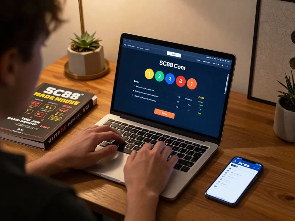 Engaging in strategic online betting on SC88 Com with a laptop and mobile app interface