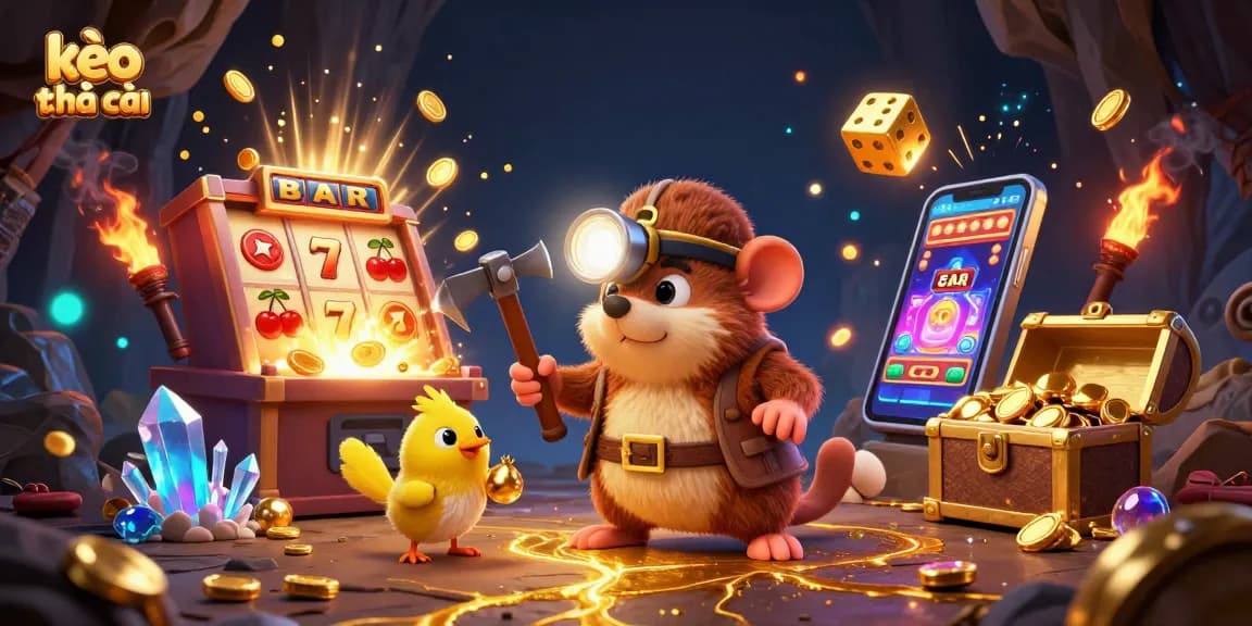 Engage with kèo nhà cái in this vibrant 3D illustration of a treasure hunter mole amidst sparkling casino elements.