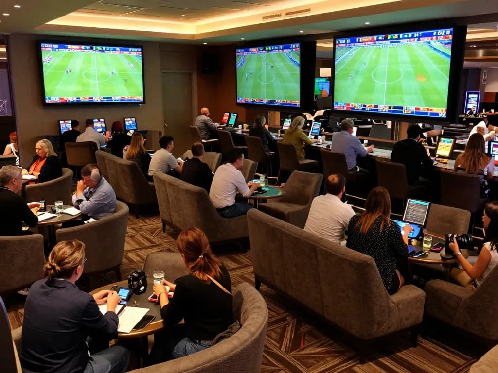 Exciting sports betting scene at a casino showing kết quả bóng đá on multiple screens with enthusiastic patrons engaged in gaming