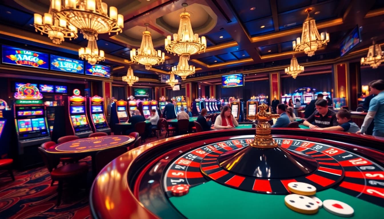 Experience the thrill of gaming at 33Win's vibrant casino, surrounded by exciting slot machines and engaging tables.